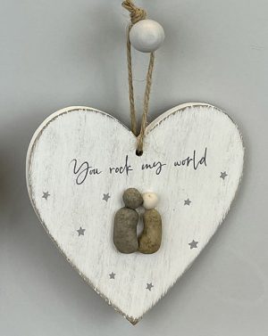You Rock My World Pebble Wooden Hanging Heart - Langs