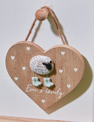 'Ewe's Lovely' Pebble Sheep Wooden Hanging Heart - Langs