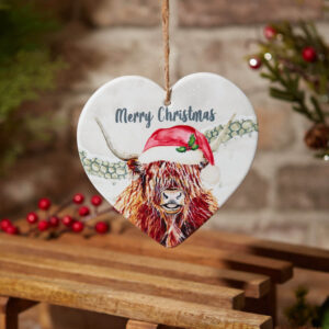 ‘Merry Christmas’ Highland Cow Ceramic Hanging Heart Plaque - Langs