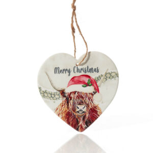 ‘Merry Christmas’ Highland Cow Ceramic Hanging Heart Plaque - Langs