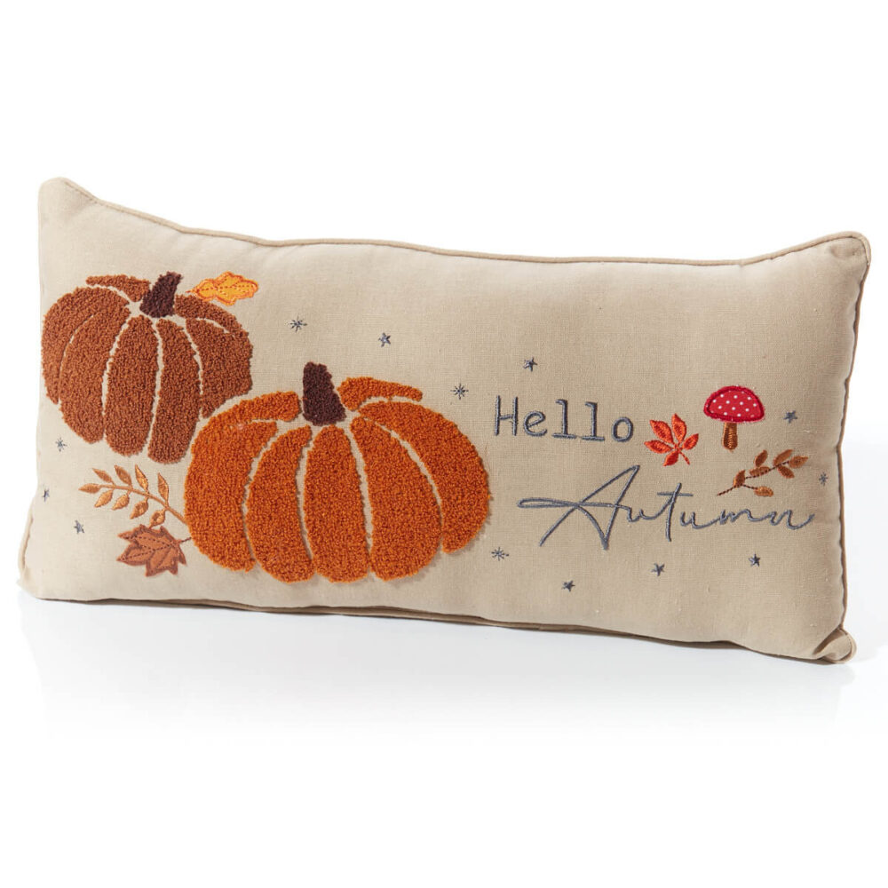 Hello Autumn Fabric Cushion With Appliqued Pumpkin and Mushroom Embroidery Detailing - Langs