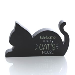 'Welcome to the Cat's House' Black Cat Silhouette Standing Wooden Block Plaque - Langs