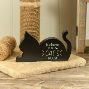 'Welcome to the Cat's House' Black Cat Silhouette Standing Wooden Block Plaque - Langs