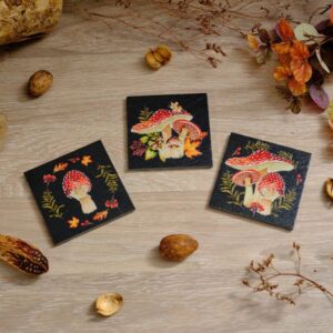 Set of 3 Slate Coasters with Rustic Toadstool and Woodland Animals Designs