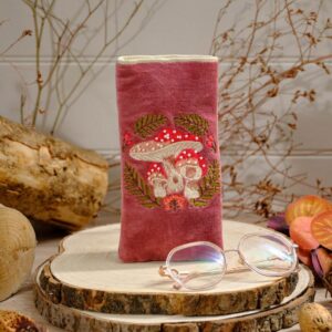 Toadstool Tales Embroidered Red Velvet Glasses Case Pouch with Glass Bead Detail - Langs