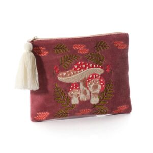 Toadstool Tales Embroidered Red Velvet Make Up Bag / Pouch with Glass Bead Detail - Langs