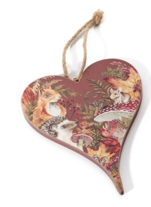 Toadstool Tales Cream Wooden Hanging Heart Plaque with Woodland Animals Design