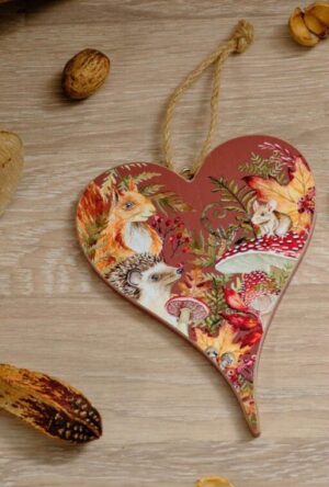 Toadstool Tales Cream Wooden Hanging Heart Plaque with Woodland Animals Design